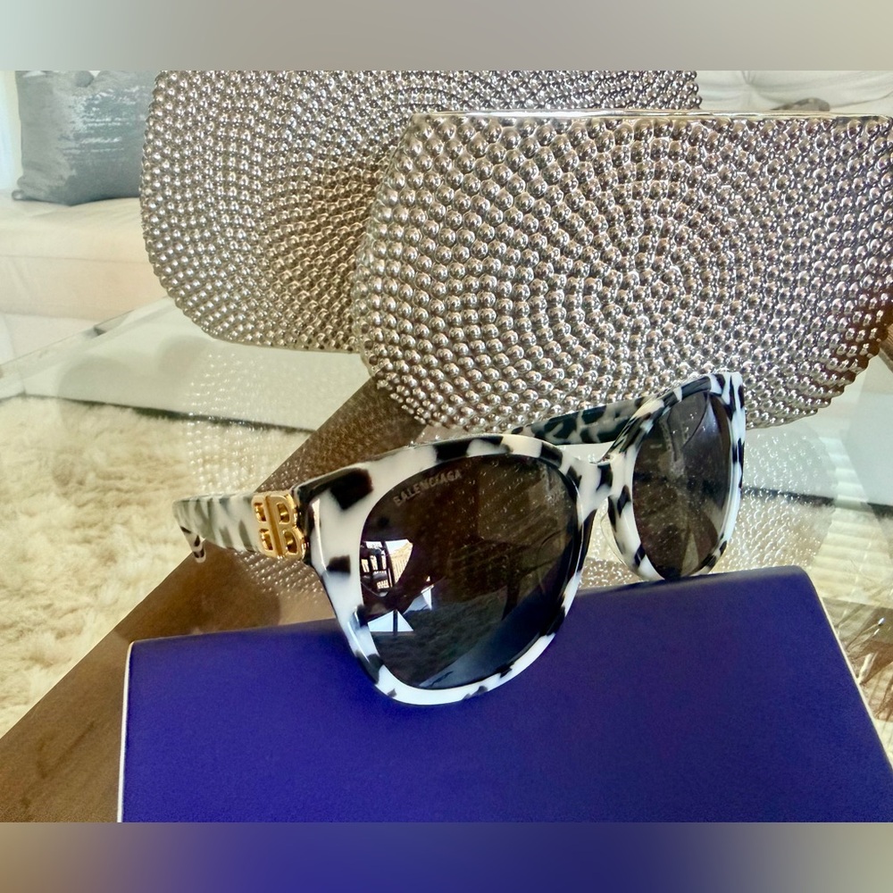 Balenciaga Black & White Marbled BB0103SA Cat Eye Logo Sunglasses